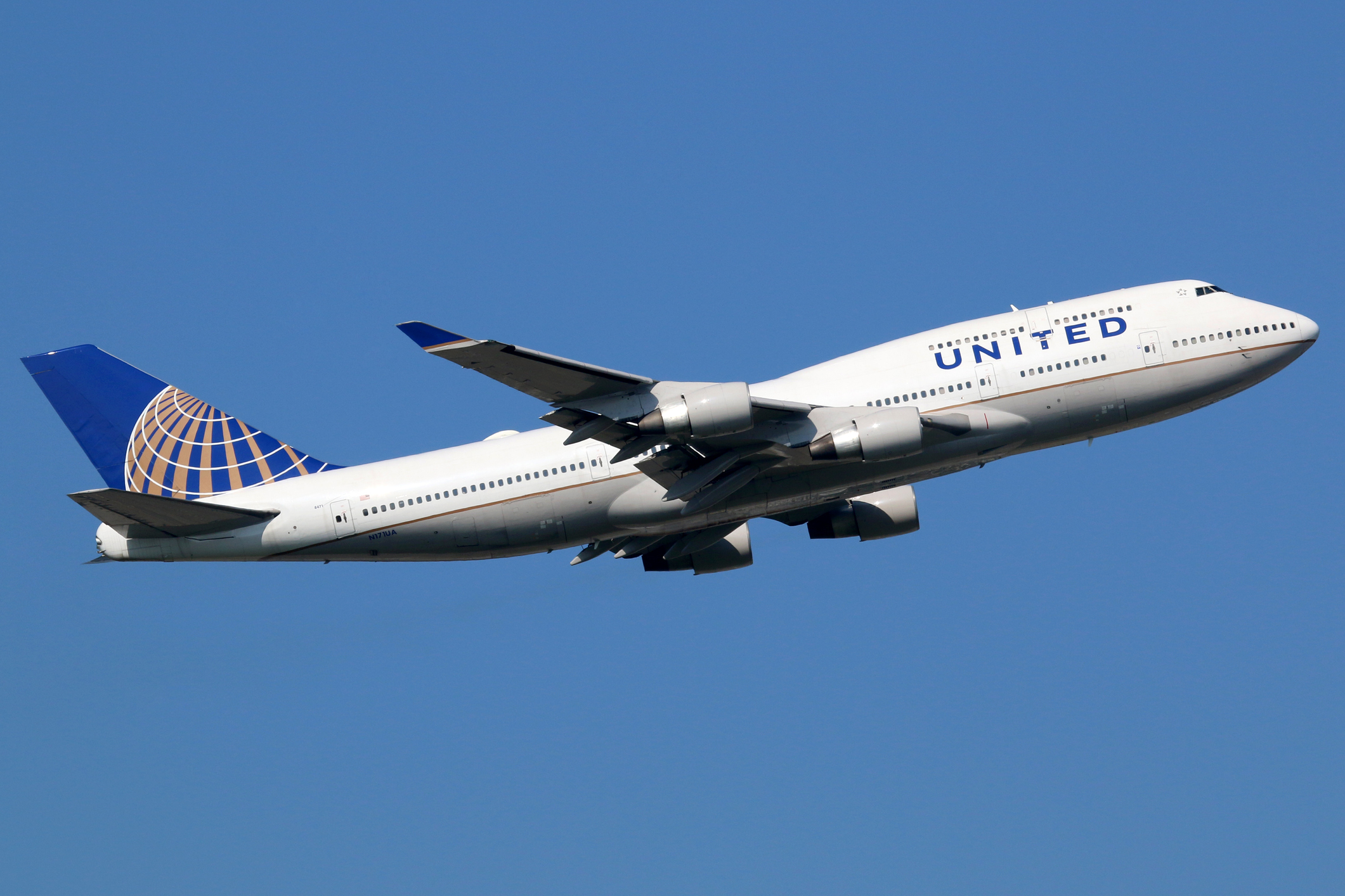 Frankfurt, Germany - September 17, 2014: A United Airlines Boeing 747 Jumbo Jet with the registration N171UA taking off from Frankfurt International Airport (FRA). United Airlines is the world's largest airline with some 693 planes and 138 million passengers.